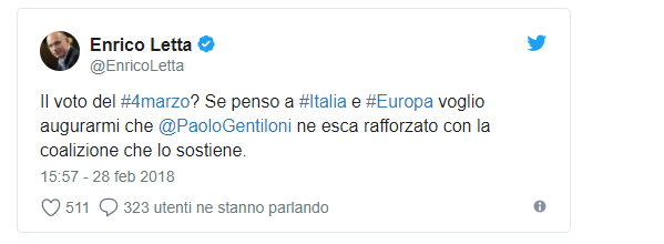 elezioni 2018, il tweet di Letta per gentiloni