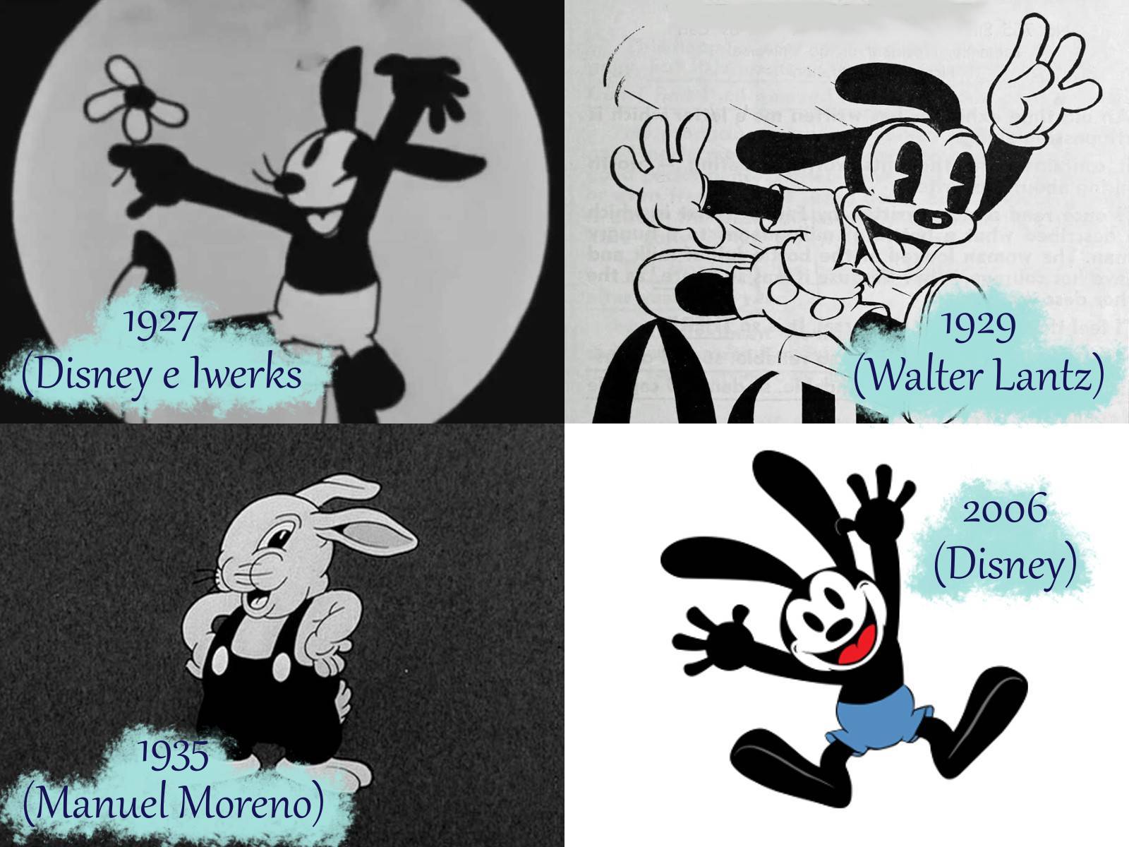 Quattro versioni dei disegni di Oswald il coniglio fortunato nel corso degli anni.