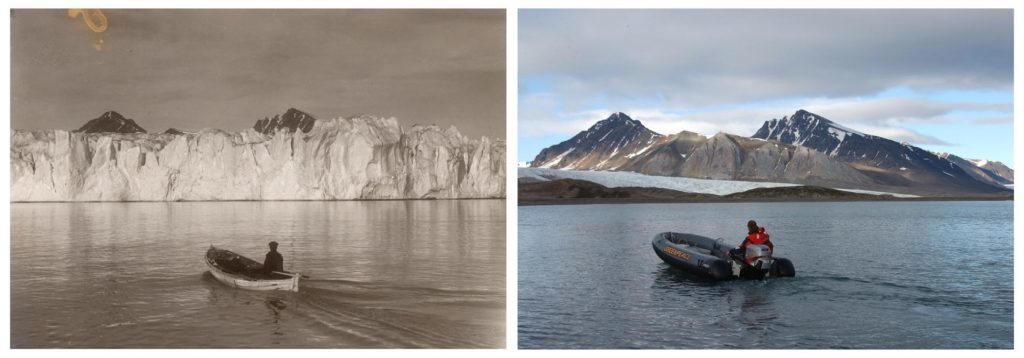 Fotografia che mostra il prima e dopo di un ghiacciaio 