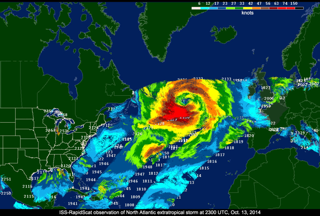 Il 23 marzo è dedicato alla meteorologia: un'immagine mostra evidenziate in tonalità tra il rosso, il giallo, il verde e il blu i fronti tempestosi dell'Atlantico.