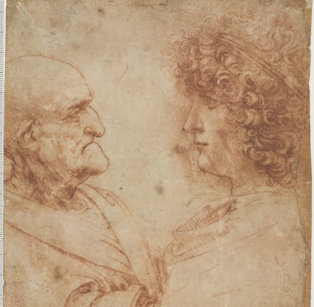 Un uomo vecchio è ritratto di fronte ad un giovane dai lineamenti simili in uno schizzo preparatorio di Leonardo Da Vinci. E' realizzato in inchiostro di china su pergamena.