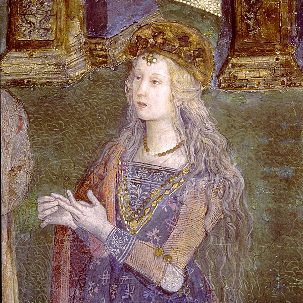 Lucrezia Borgia, giovane bionda e dal viso chiaro, ritratta in abiti da festa.