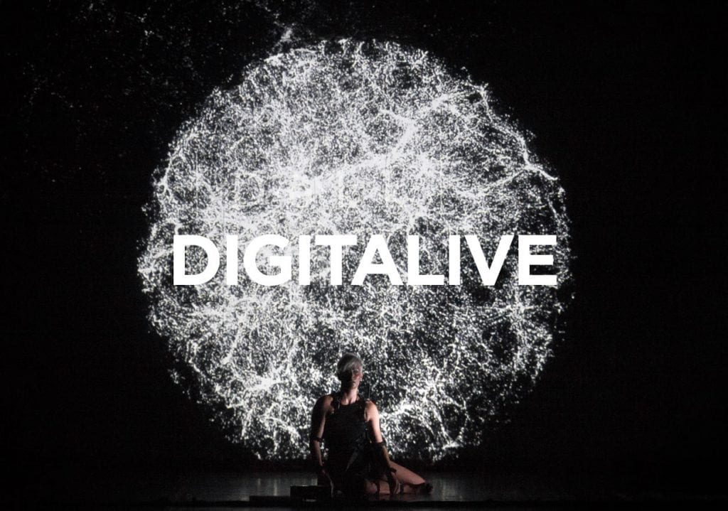 La rappresentazione di un cervello umano, riprodotta con delle luci, riporta la scritta Digitalive, sottosezione del Romaeuropa Festival