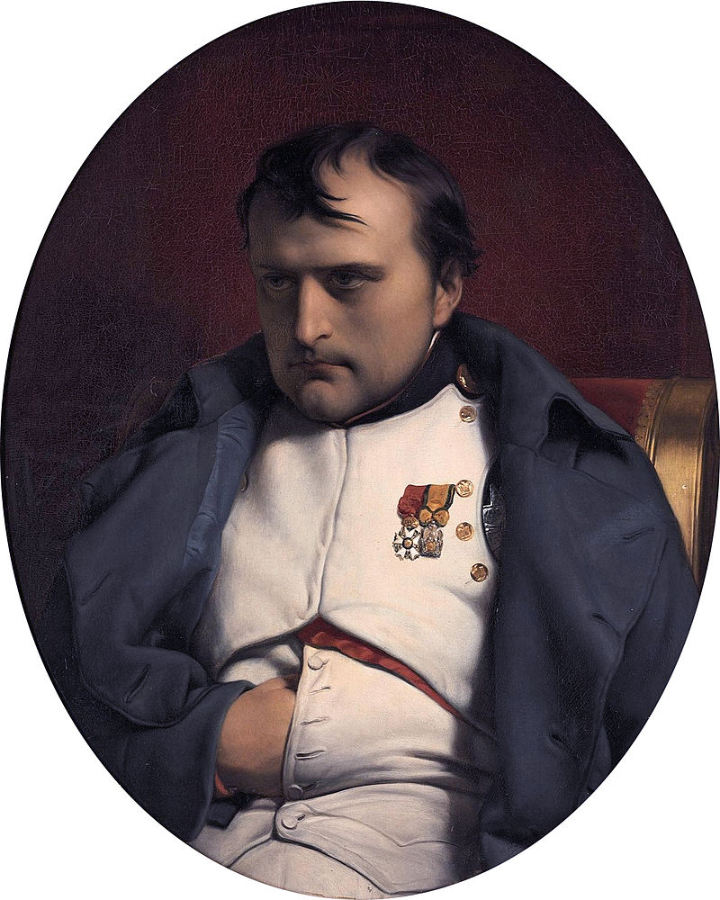 Napoleone ormai stempiato, con un'uniforme bianca e una giacca blu, tiene la mano sul ventre, sotto la camicia, come consueto.