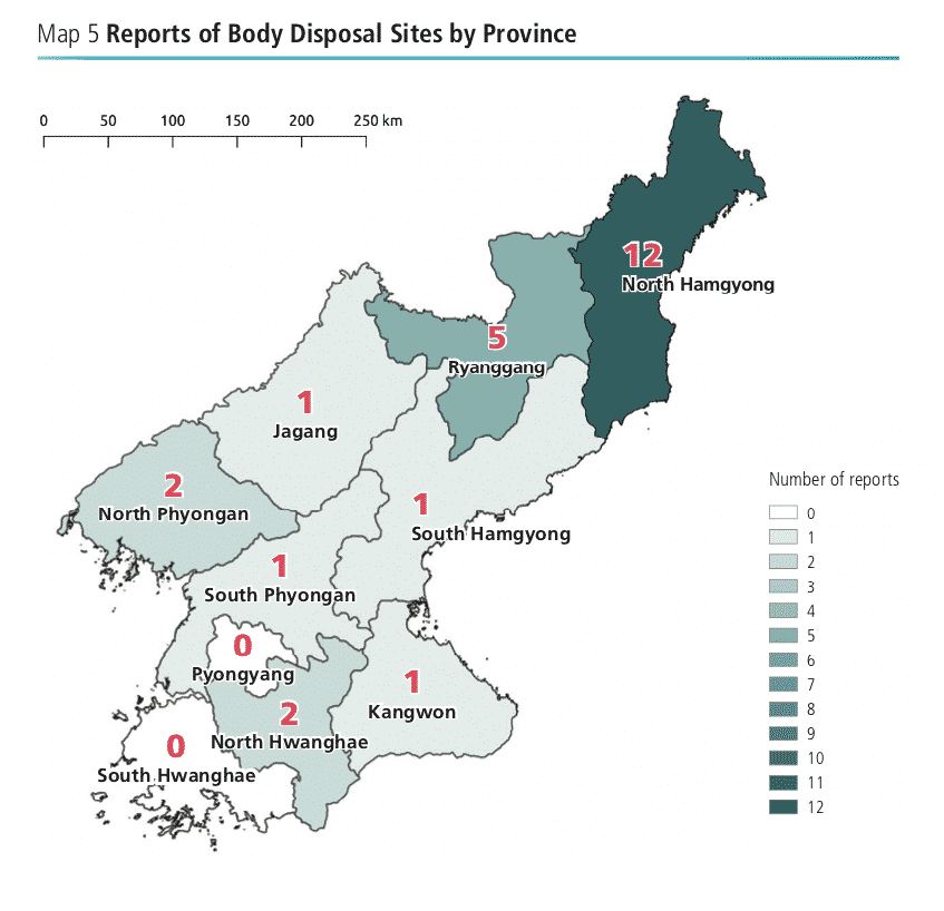 Corea del Nord, esecuzioni pubbliche. Mappa suddivisa per province dei luoghi dove vengono depositati i cadaveri