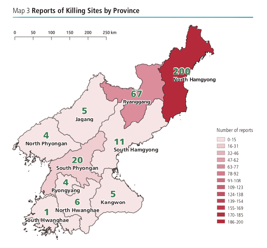 Corea del Nord, esecuzioni pubbliche. Mappa suddivisa per province dei luoghi dove avvengono le esecuzioni