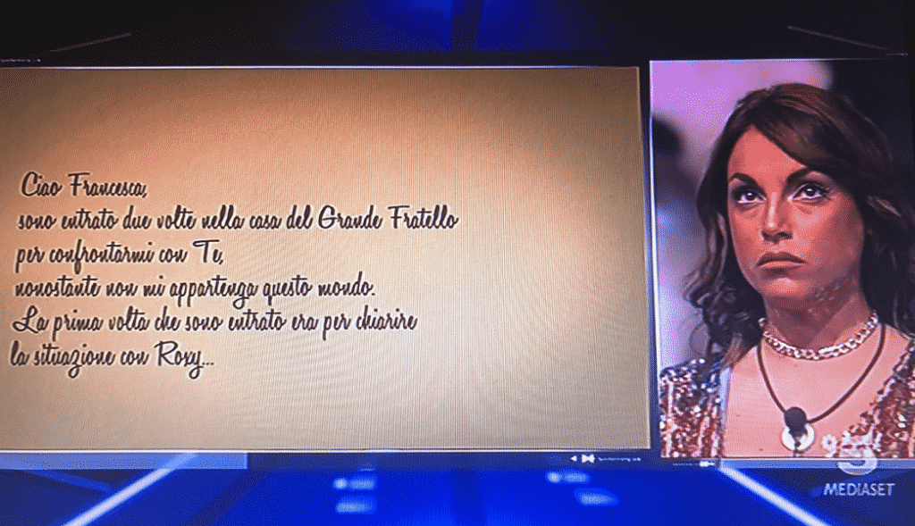 “Uno stralcio della lettera di Giorgio Tambelli - Photo Credit: www.mediasetplay.mediaset.it”

semifinale