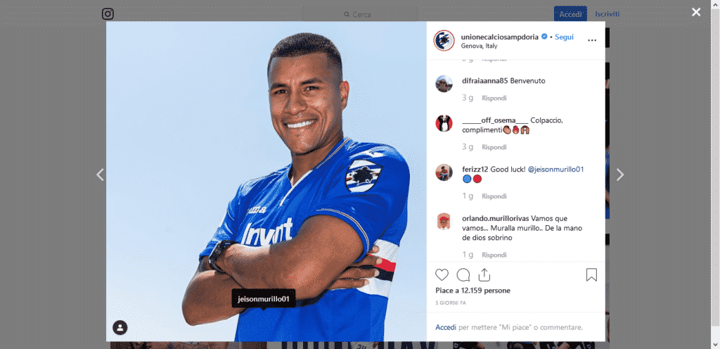 Jeison Murillo, presentato così sul profilo Instagram della Sampdoria