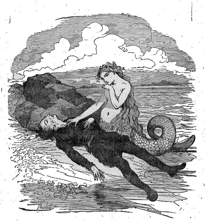 Illustrazione con la sirena che salva il principe.