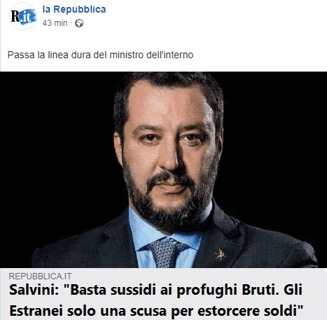 E come poteva mancare Salvini, contro i Bruti e contro la fake news degli estranei? Un esempio superbo di fantasy e politica