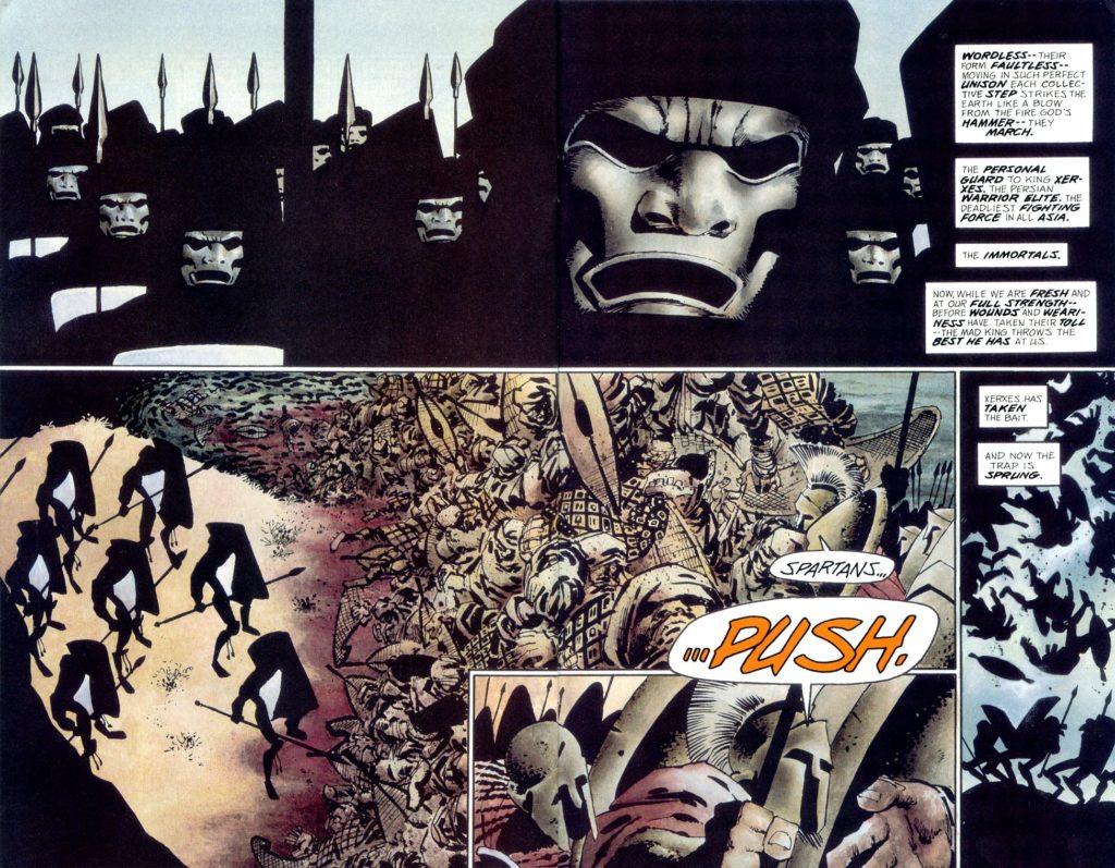 Tavola di 300, il noto fumetto di Frank Miller al centro delle polemiche circa la fedeltà storica e la rappresentazione storica