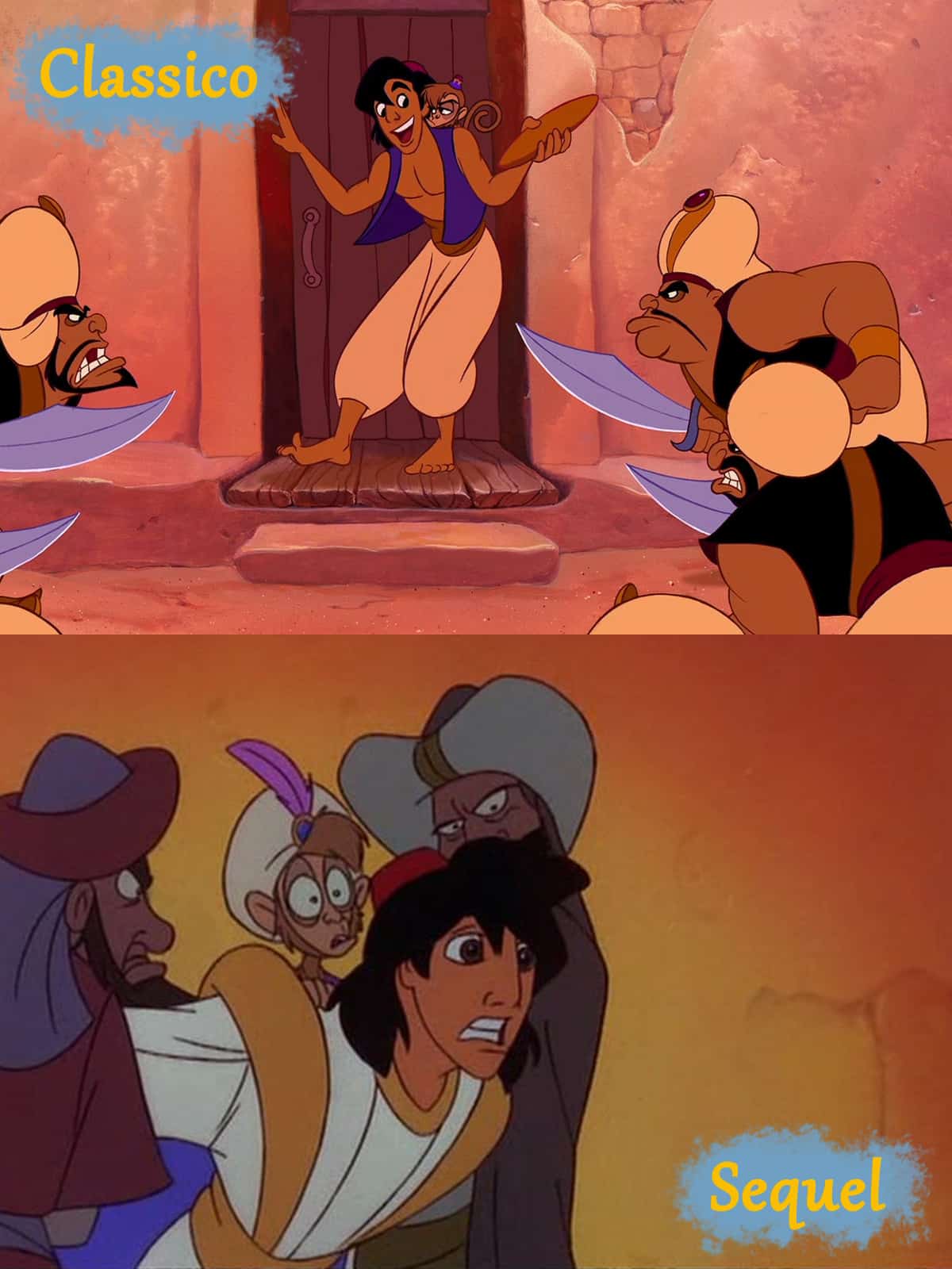 Immagini a confronto tra il classico di Aladdin e un sequel.
