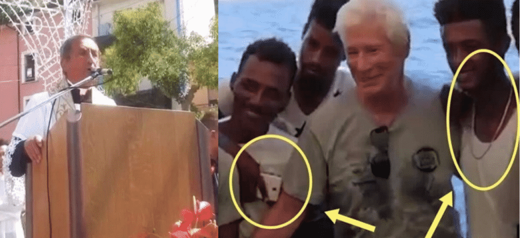 “Don Donato Piacentini durante l’omelia che critica i migranti con cellulari e collane”