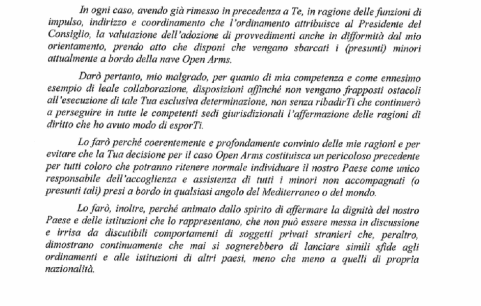 “Uno stralcio della risposta di Salvini a Conte sullo sbarco dei minori dalla Open Arms”