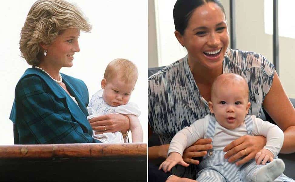 “Lady Diana con il piccolo Harry nel 1985 e Meghan Markle con il piccolo Archie”