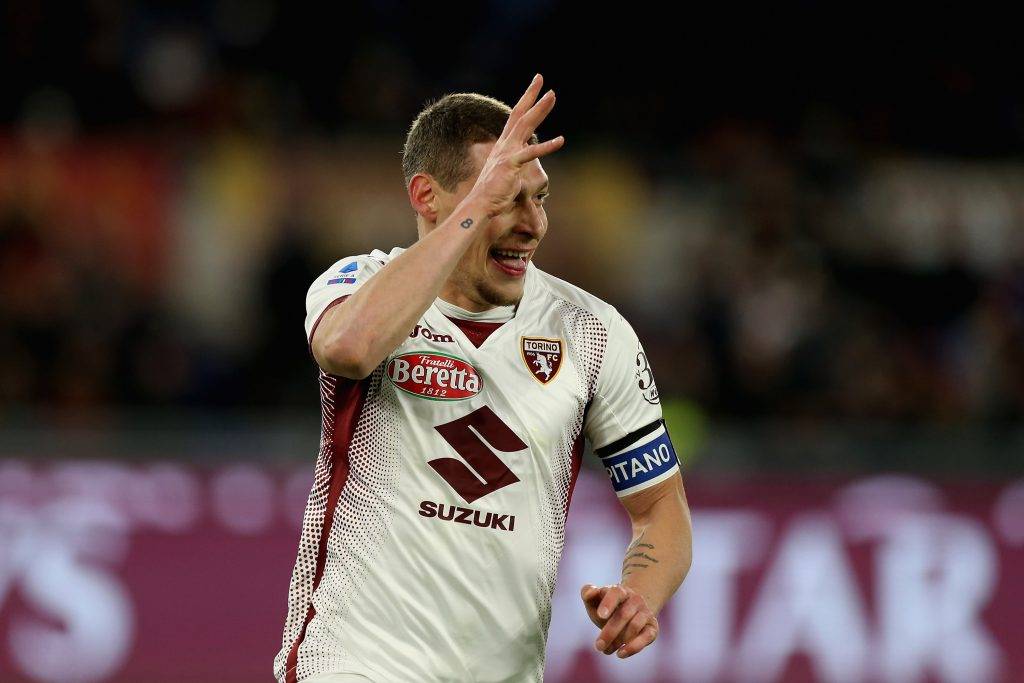 ROME, ITALY - JANUARY 05:  Andrea Belotti of Torino FC celebrates after scoring the team's second goal from penalty spot during the Serie A match between AS Roma and Torino FC at Stadio Olimpico on January 5, 2020 in Rome, Italy.  (Photo by Paolo Bruno/Getty Images)