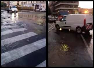 Piazza della Marranella a Roma sommersa d’acqua, chiusa al traffico