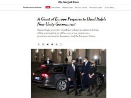 New York Times: “Draghi gigante d’Europa guida un governo di unità nazionale”