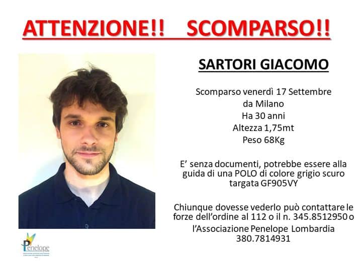 Milano, scomparso Giacomo Sartori da cinque giorni dopo il furto di uno zaino