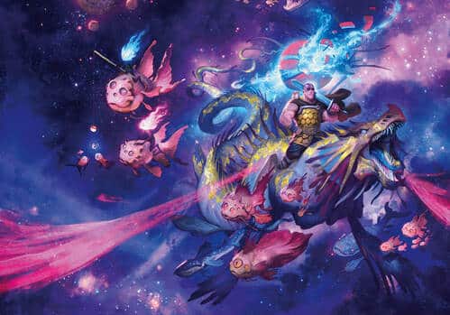 Minsc e Boo a spasso nel Wildspace in una magnifica illustrazione da "Spelljammer: Adventures in Space" - D&D Direct Wizards of the Coast