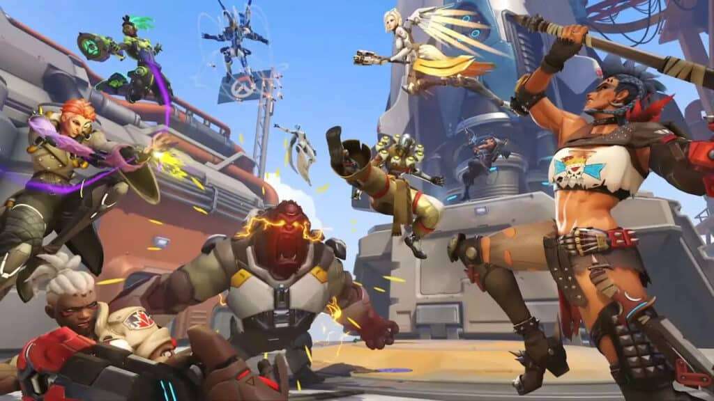 Alcuni degli eroi disponibili su "Overwatch 2" nel pieno dell'azione, tra vecchie conoscenze e due new entry (Sojourn e Junker Queen) - web