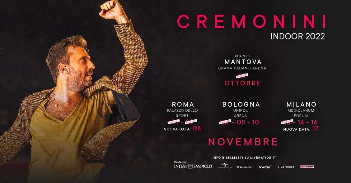 “Cremonini Indoor 2022”, nuove date su Roma e Milano Cremonini Indoor 2022, da domani 30 agosto in vendita due nuove date