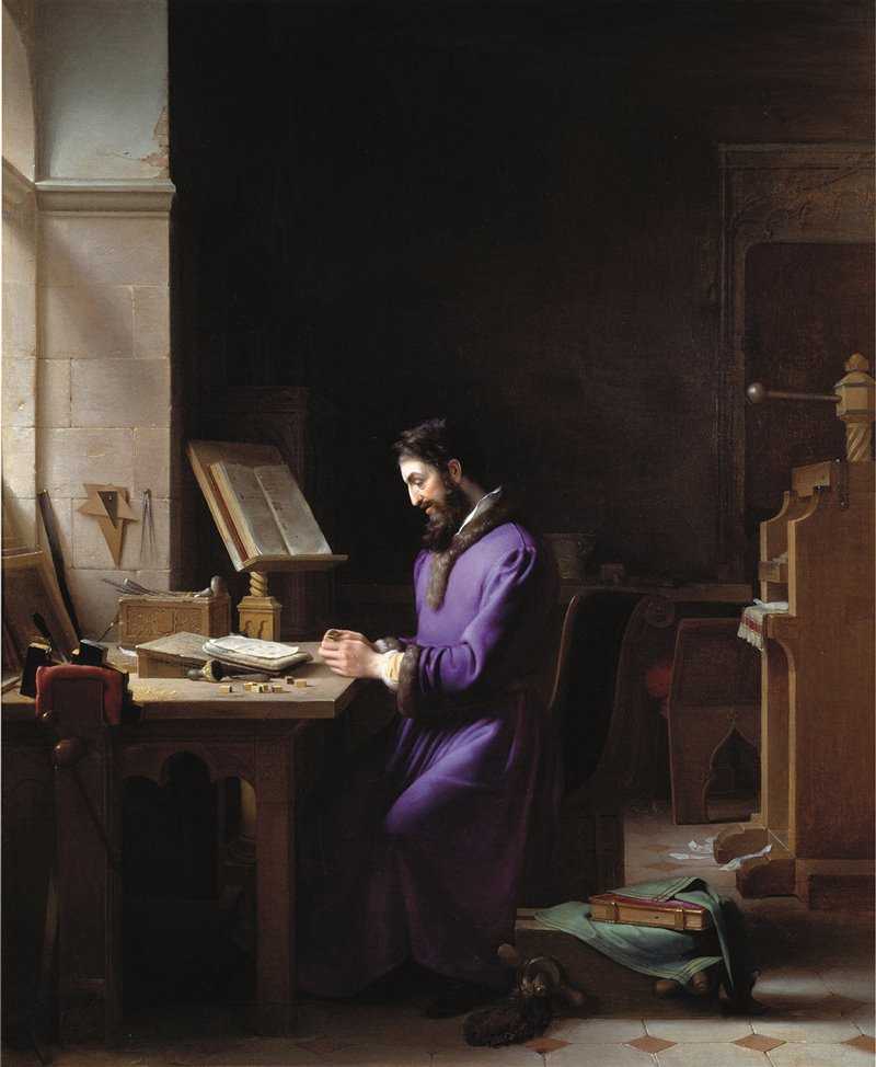 "Johannes Gensfleisch Gutenberg che inventa la stampa", dipinto di Jean Antoine Laurent, 1830, Grenoble, Museo delle Belle Arti.
