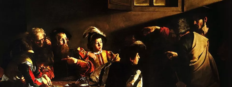 Caravaggio colori, Vocazione di San Matteo, olio su tela- San Luigi de Francesi, Roma 1599-1600