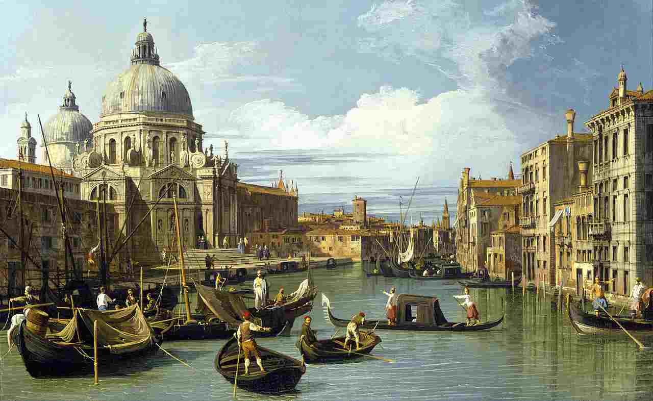 Canaletto, L’ingresso a Canal Grande con la dogana e la chiesa della Salute (1730 circa; olio su tela, 49,6 x 73,6 cm; Houston, Museum of Fine Arts) – Photo Credits: finestresullarte.info