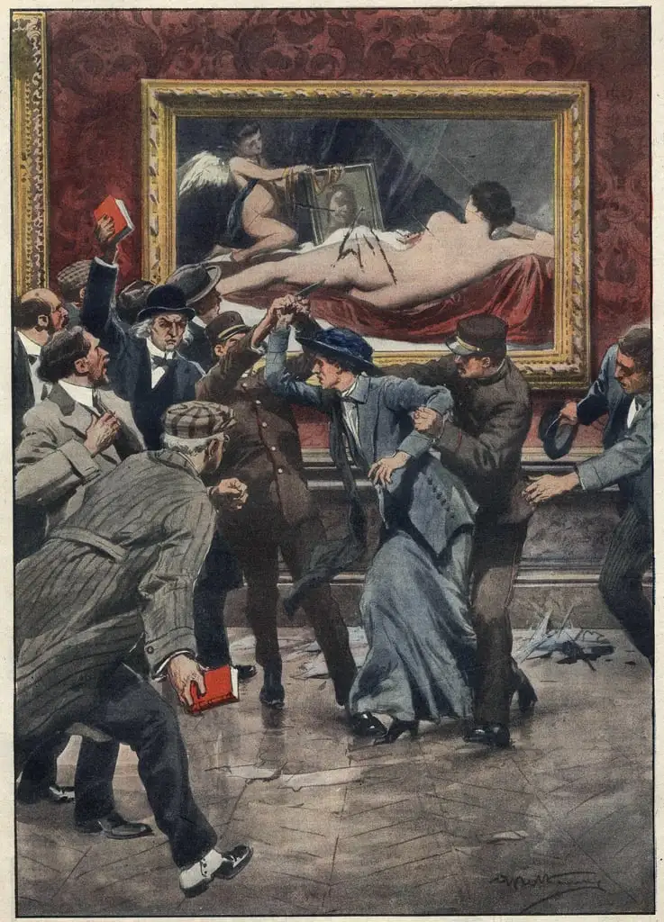 Mary Richardson attivista canadese delle suffragette taglia con un coltello il quadro "La Venere di Rokeby" del pittore Don Diego VELASQUEZ in una sala della National Gallery di Londra. Illustrazione di Achille Beltrame per "La domenica del corriere" © meisterdrucke 