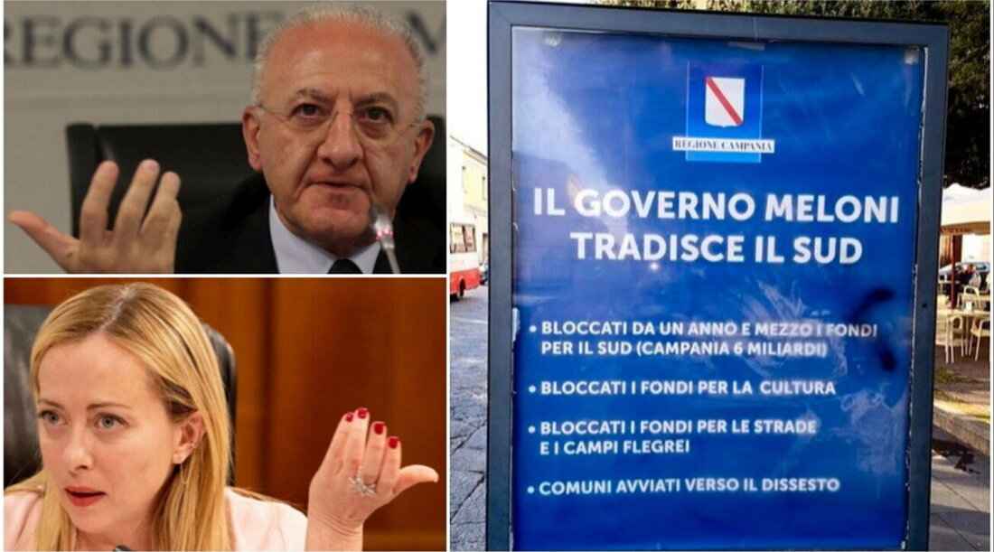 Manifesti Regione Campania ”Il Governo Meloni tradisce il Sud”, l’attacco del centrodestra: ”De Luca usa soldi pubblici per propaganda”