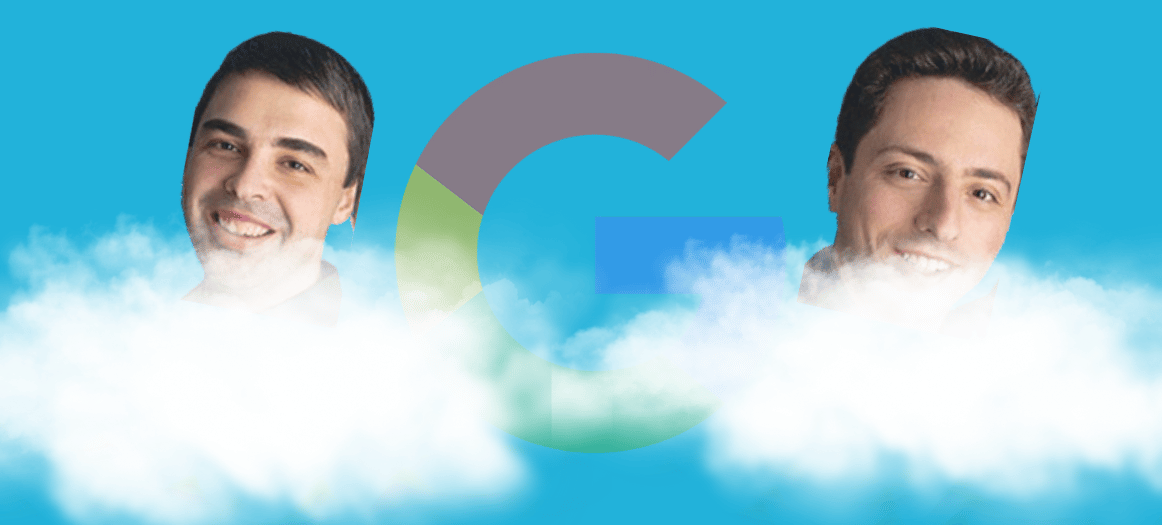Cosa fanno oggi i fondatori di Google a un anno dalle loro dimissioni? immagine di larry page e sergey brin che fluttuano su 2 nuvole con un logo di Google sempre più trasparente sullo sfondo