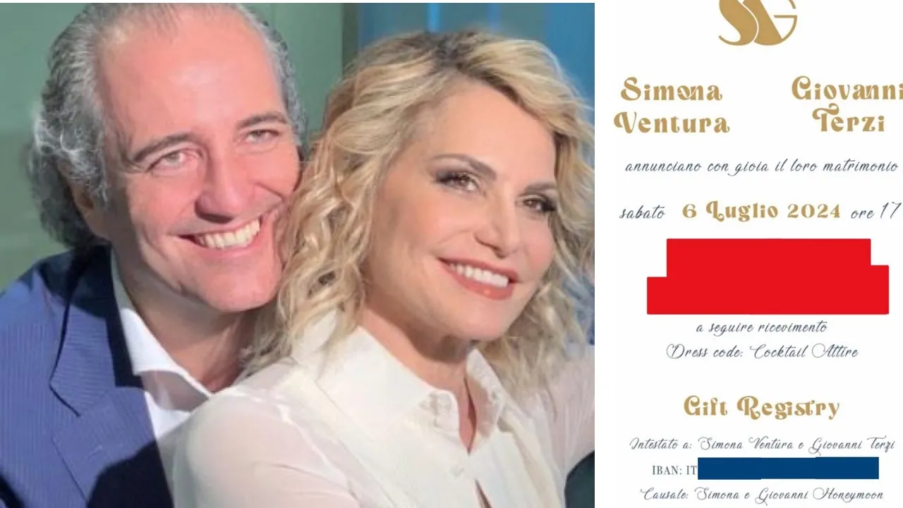 Simona Ventura e Giovanni Terzi, scoppia la polemica sulle partecipazioni di nozze con la causale e l’IBAN: “Che cafonata”
