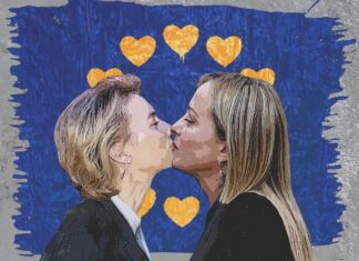 Il bacio tra Giorgia Meloni e Ursula von der Leyen è il nuovo murale di TvBoy