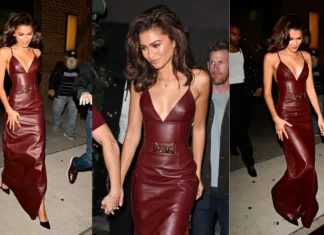 Zendaya lancia il trend del vestito in pelle bordeaux all’evento a New York di “Bero” con il (suo) Tom Holland