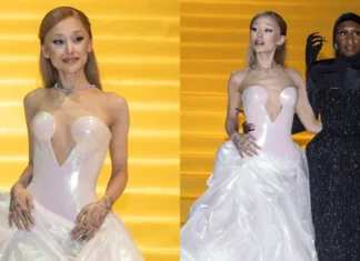Ariana Grande lancia il trend liquid look, con il suo abito Versace, alla premiere di Wicked in Messico