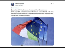 Tajani e la bandiera europea: “Blu come il manto della Madonna e 12 stelle tribù d’Israele”