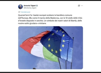 Tajani e la bandiera europea: “Blu come il manto della Madonna e 12 stelle tribù d’Israele”
