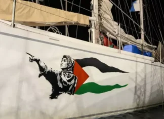 Sumud, la nuova opera della street artist Laika realizzata sulle navi della Global Sumud Flotilla verso Gaza