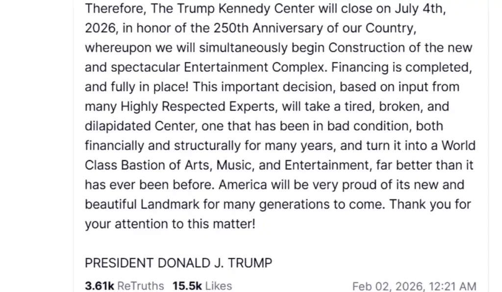 Kennedy Center Trump - Photo Credits @realDonaldTrump, Truth