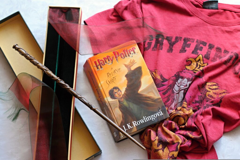 Libro di Harry Potter, bacchetta magica e maglia di Grifondoro.