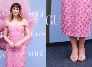 Leighton Meester in versione golden hour: sandali metallic e dress floreale per il debutto beauty di Elizabeth Arden