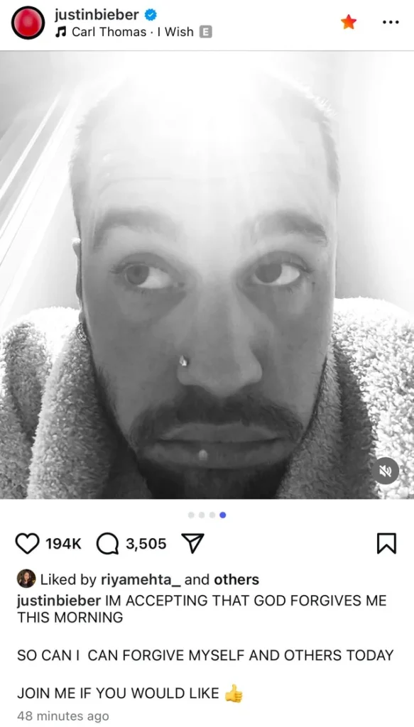 Post su instagram di Justin Bieber. Photo credits Reddit